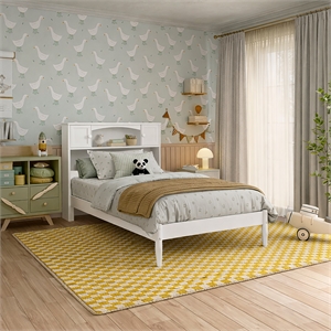 Pemberly Row Twin Wood Platform Bed with Storage Headboard in White
