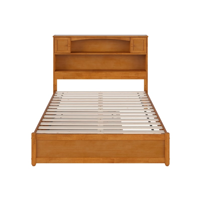 Pemberly Row Full Wood Platform Bed with Twin Trundle in Light Toffee