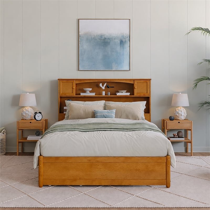 Pemberly Row Full Wood Platform Bed with Twin Trundle in Light Toffee