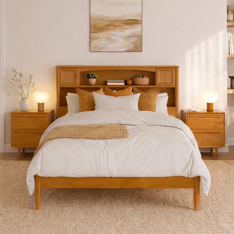 Pemberly Row Full Wood Platform Bed with Storage Headboard in Light Toffee