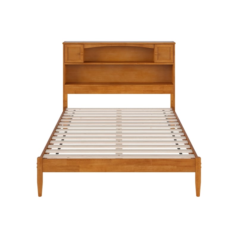 Pemberly Row Full Wood Platform Bed with Storage Headboard in Light Toffee