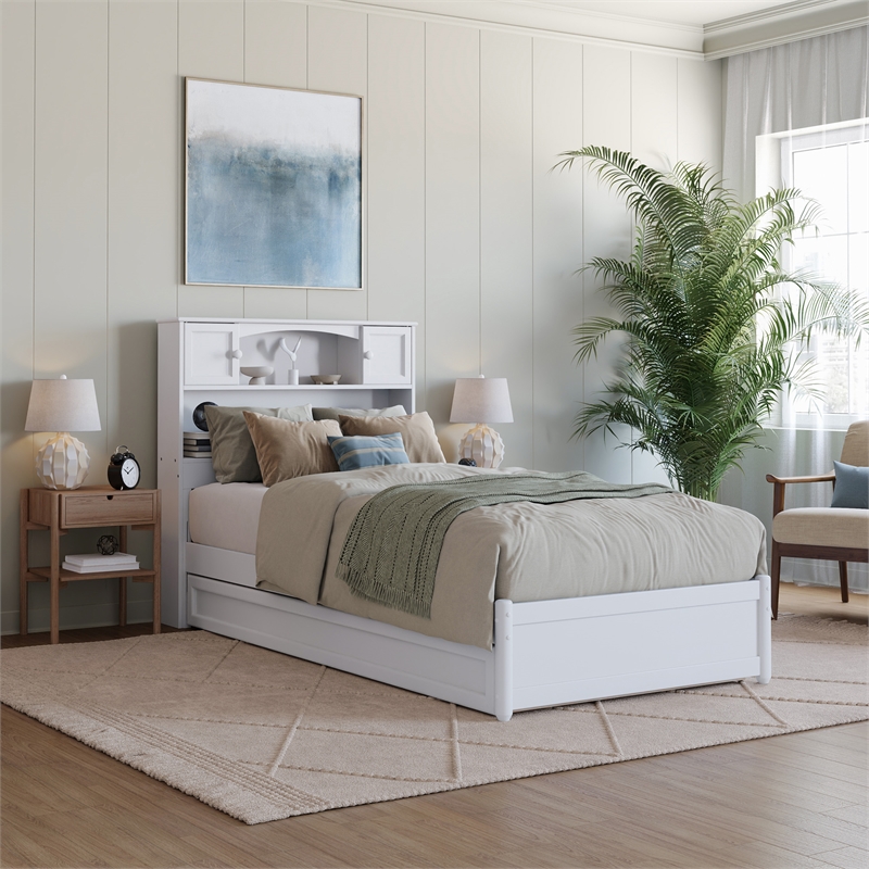 Pemberly Row Twin XL Wood Platform Bed with Twin XL Trundle in White