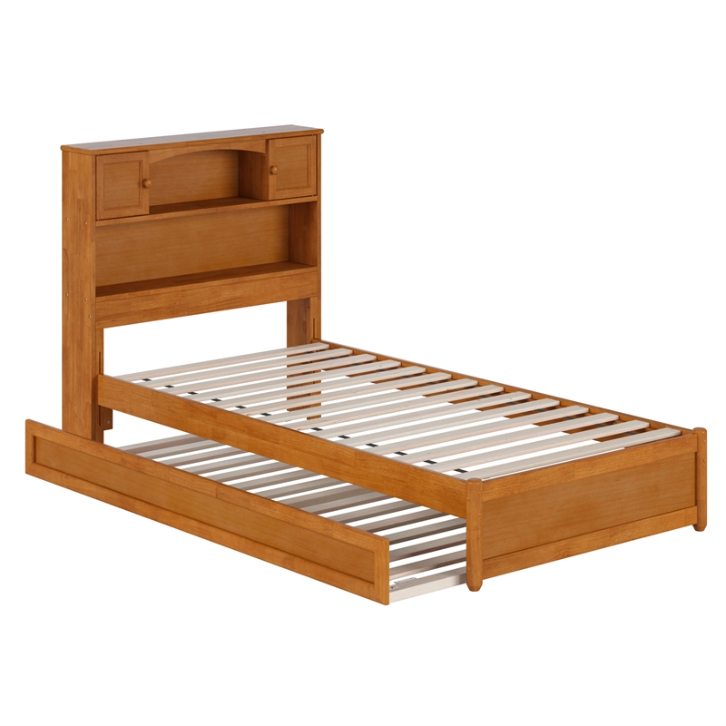 Pemberly Row Twin XL Wood Platform Bed with Twin XL Trundle in Light Toffee