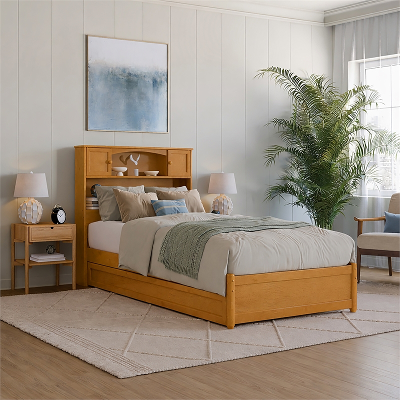 Pemberly Row Twin XL Wood Platform Bed with Twin XL Trundle in Light Toffee