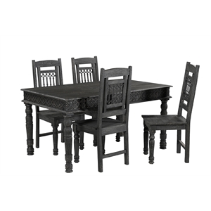 Pemberly Row Rustic 5-Piece Carved Solid Wood Dining Set in Black