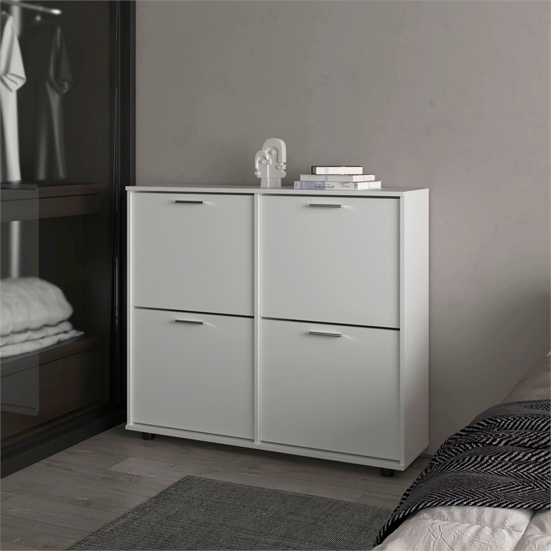 Pemberly Row Tilt-Out Shoe Storage Cabinet with Compartments in White