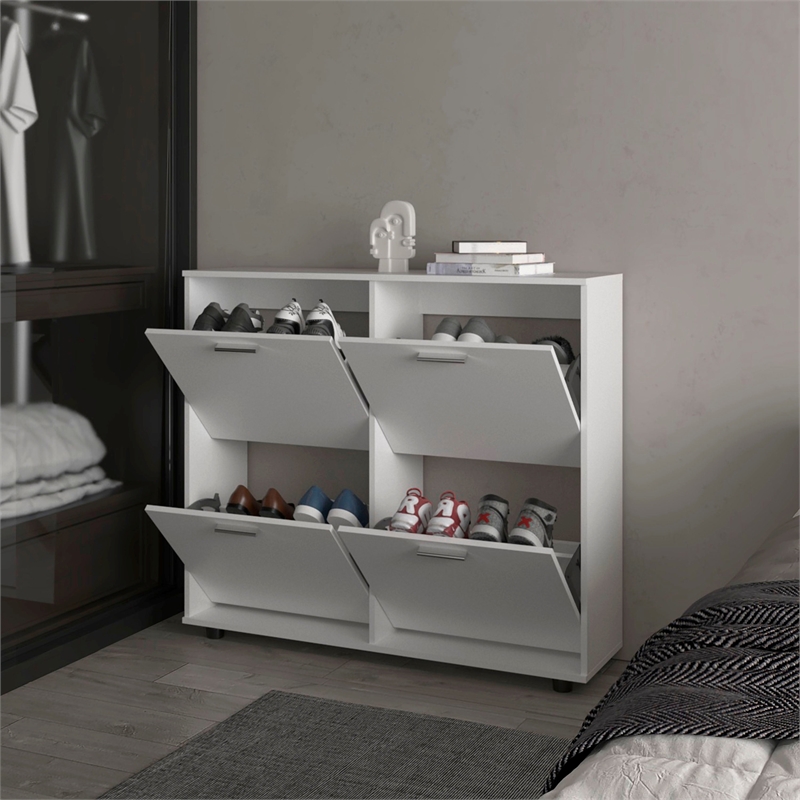 Pemberly Row Tilt-Out Shoe Storage Cabinet with Compartments in White