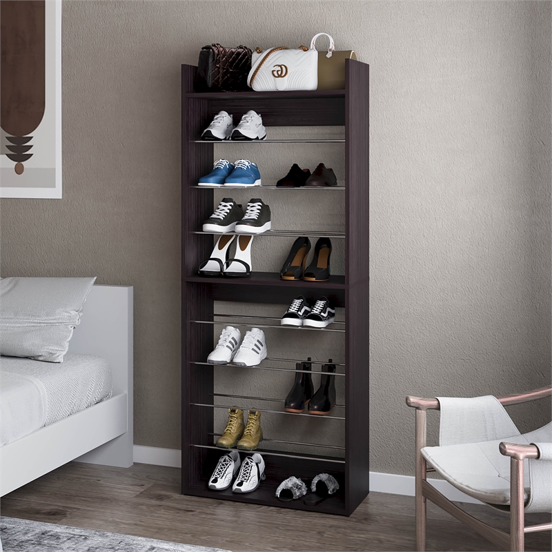 Pemberly Row Tall Open Shoe Rack with Multi-Tier Shelves in Wengue