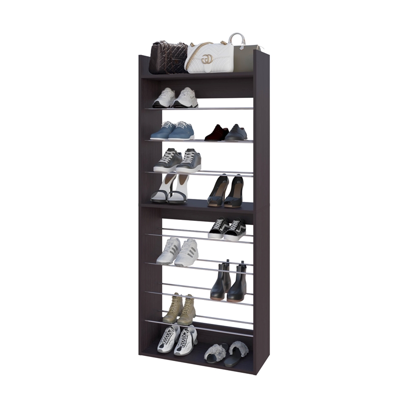Pemberly Row Tall Open Shoe Rack with Multi-Tier Shelves in Wengue