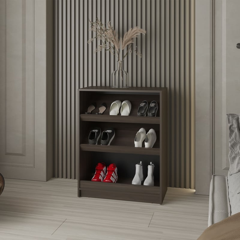 Pemberly Row 3-Tier Open Shoe Rack with Storage in Wengue