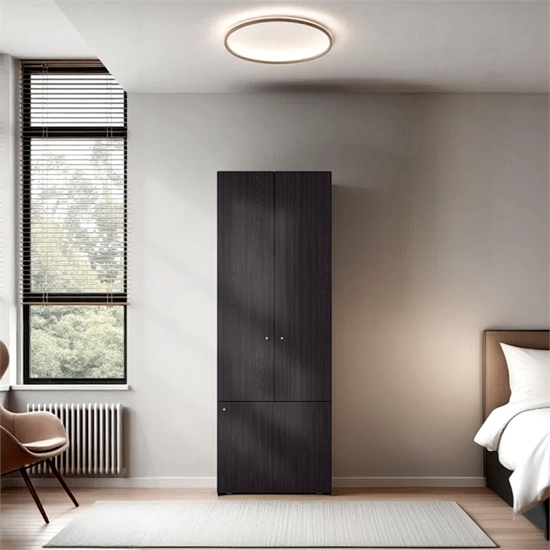 Pemberly Row Tall 3-Door Wardrobe Cabinet with 4 Shelves in Brown Finish