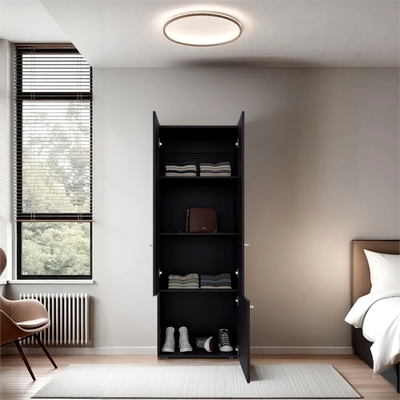Pemberly Row Tall 3-Door Wardrobe Cabinet with 4 Shelves in Brown Finish