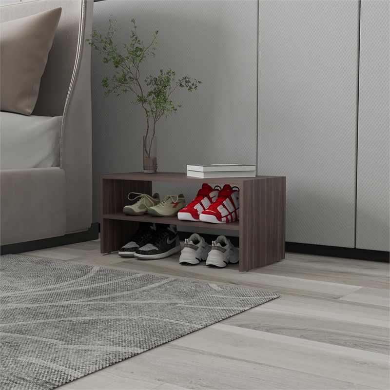 Pemberly Row Norris Shoe Rack with 2 Shelves in Brown