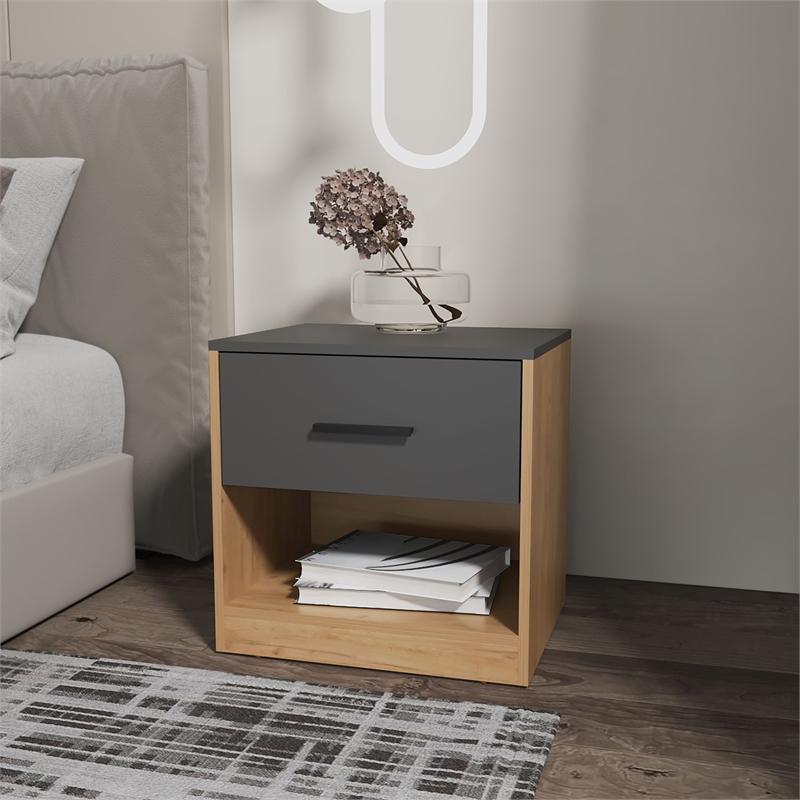 Pemberly Row Solomon Nightstand with Drawer Particle Board Natural Oak