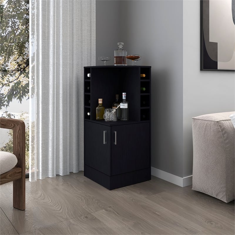 Pemberly Row Bar Cabinet with Bottle Rack and Open Shelves in Black Finish
