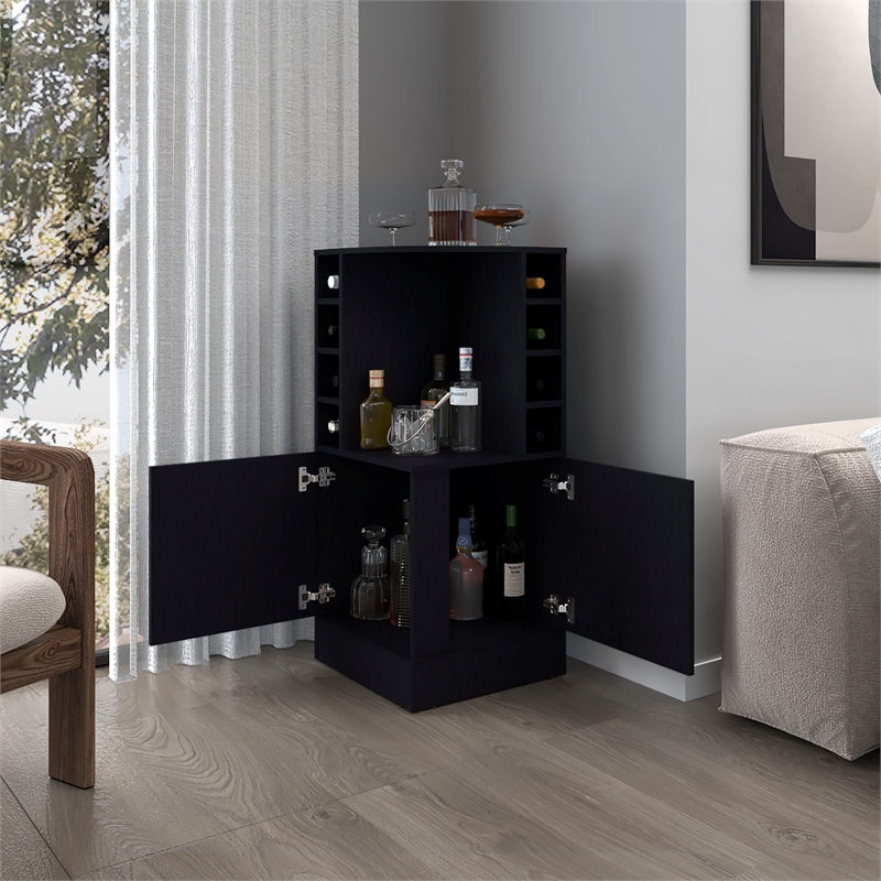 Pemberly Row Bar Cabinet with Bottle Rack and Open Shelves in Black Finish