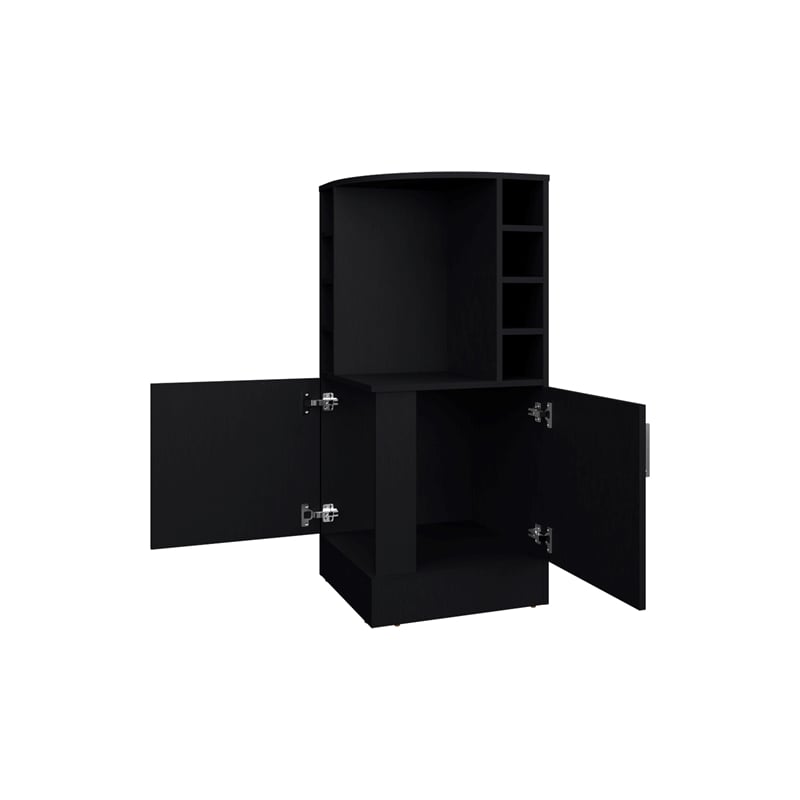 Pemberly Row Bar Cabinet with Bottle Rack and Open Shelves in Black Finish