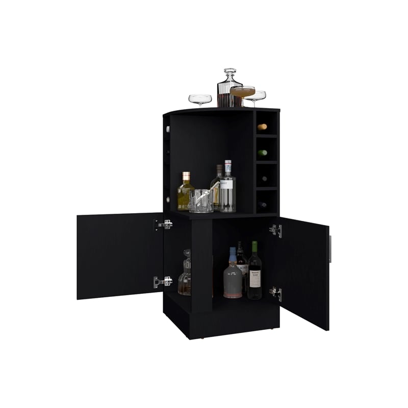 Pemberly Row Bar Cabinet with Bottle Rack and Open Shelves in Black Finish