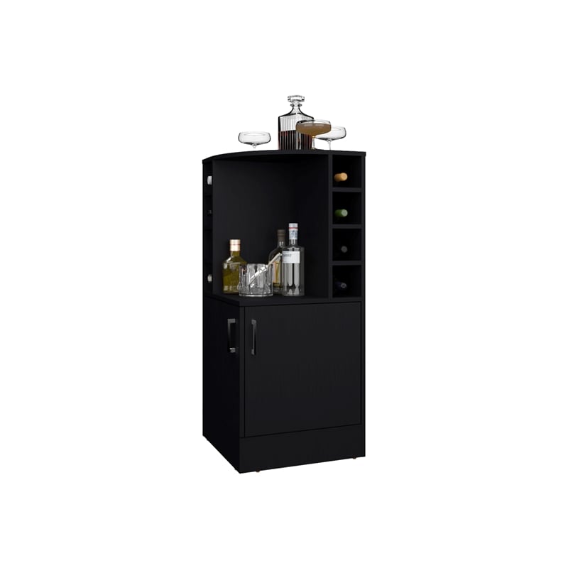 Pemberly Row Bar Cabinet with Bottle Rack and Open Shelves in Black Finish