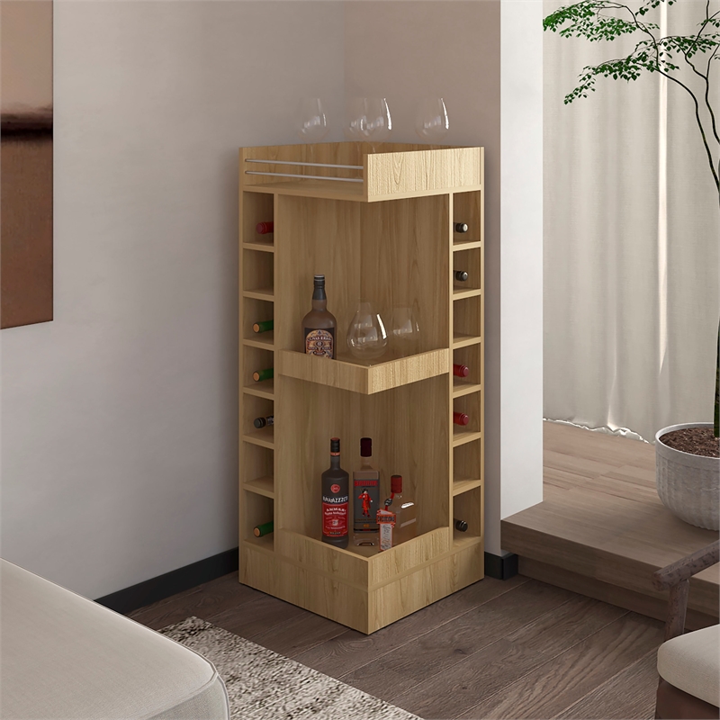 Pemberly Row Corner Bar Cabinet with Wine Rack in Beige Finish