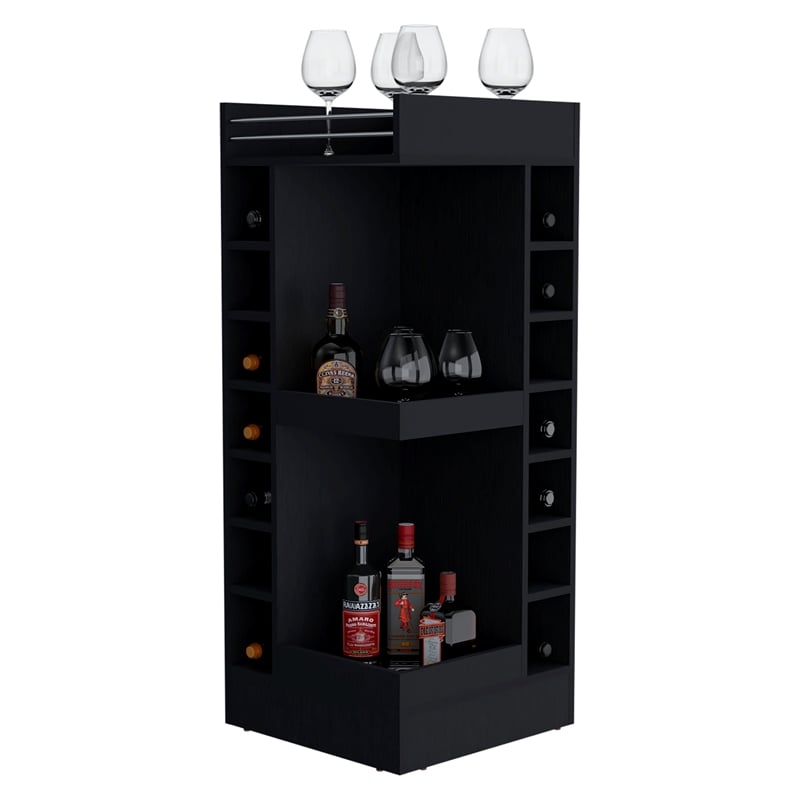 Pemberly Row Corner Bar Cabinet with Wine Rack in Black Finish
