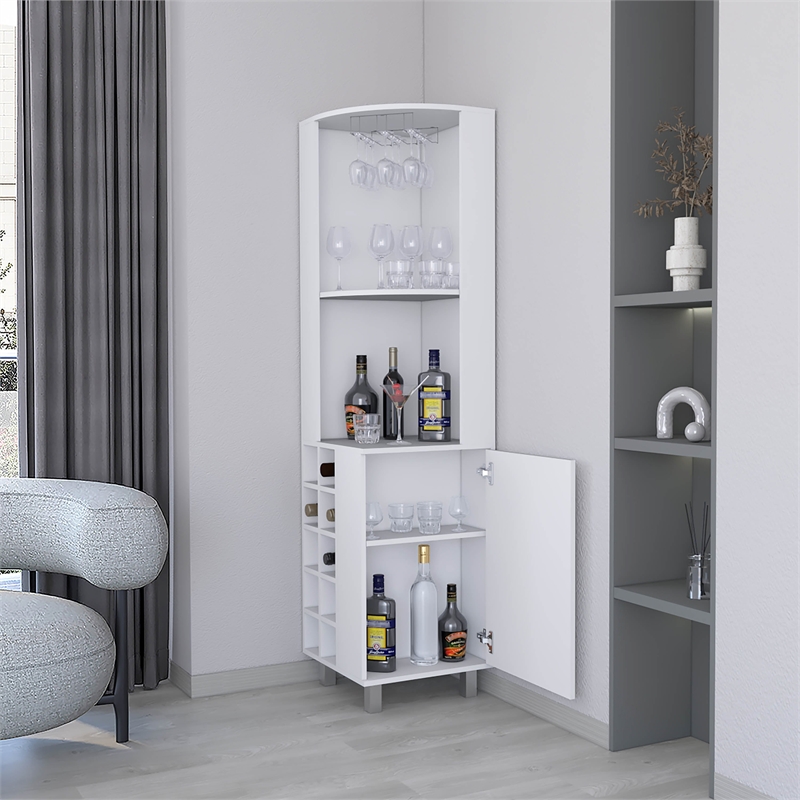 Pemberly Row Leah Corner Bar Cabinet with Wine Rack in White Finish