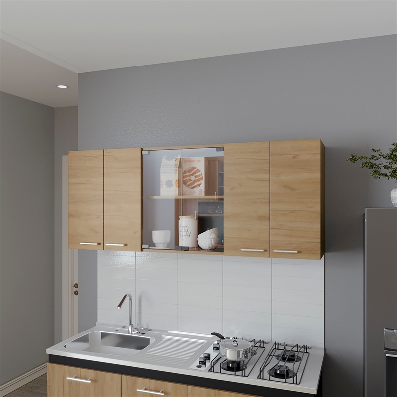 Pemberly Row Wall Cabinet with Four Doors Oak Finish Engineered Wood