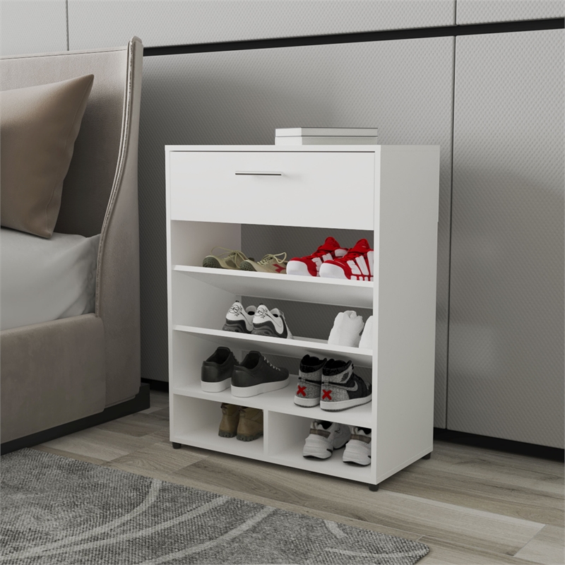 Pemberly Row Modern Shoe Rack with Open Shelves and Drawer in White