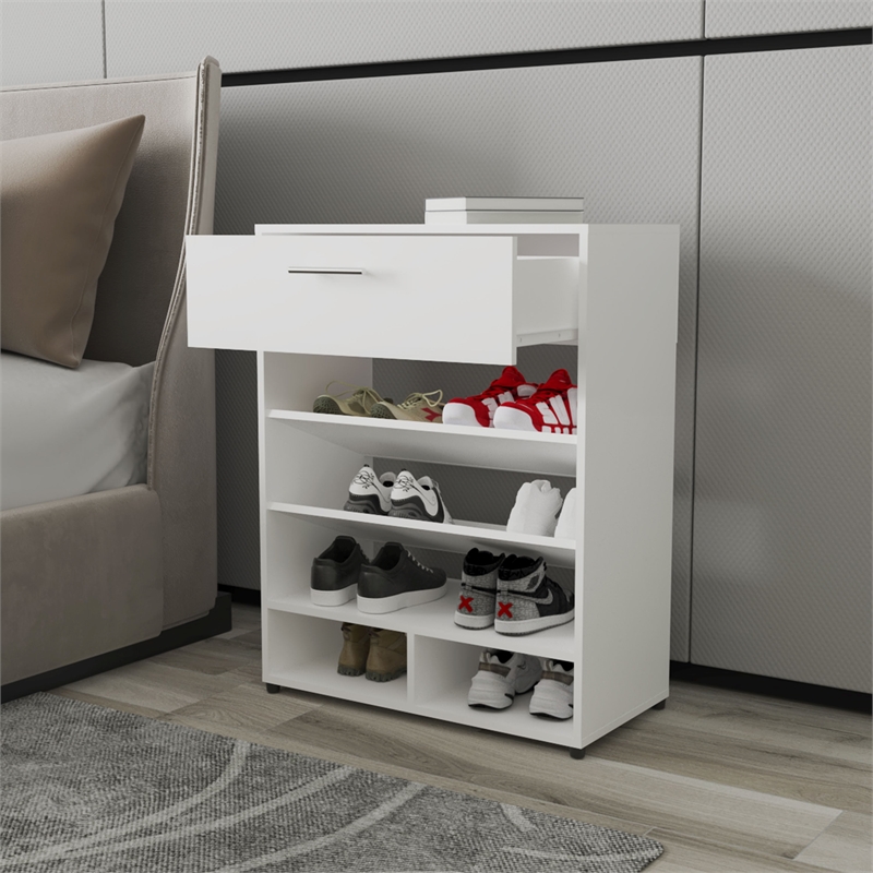 Pemberly Row Modern Shoe Rack with Open Shelves and Drawer in White