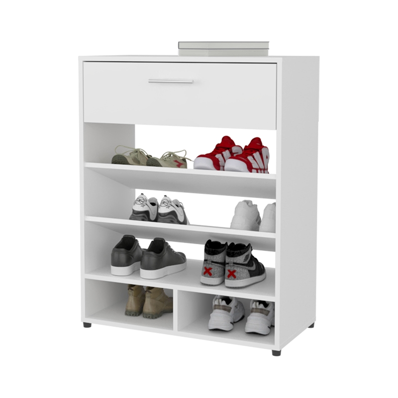 Pemberly Row Modern Shoe Rack with Open Shelves and Drawer in White