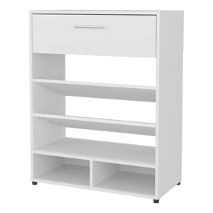 Pemberly Row Modern Shoe Rack with Open Shelves and Drawer in White