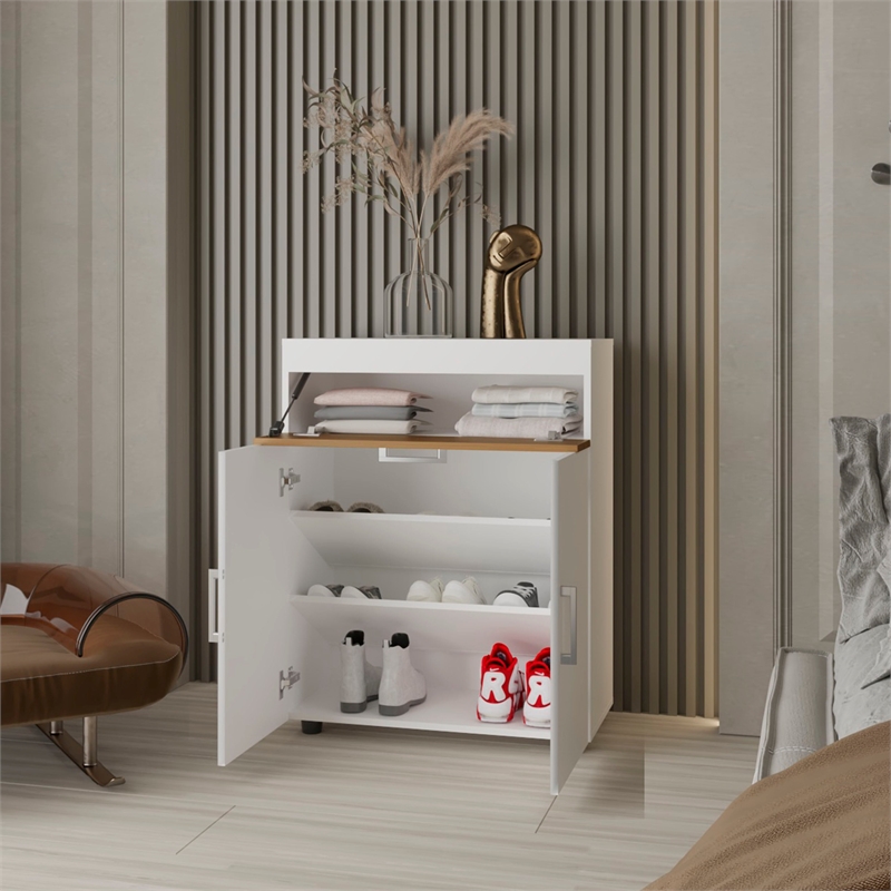 Pemberly Row North Fork Shoe Rack with Lift-Up Compartment White/Natural Oak