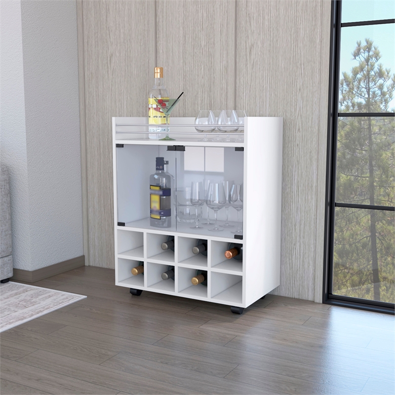 Pemberly Row Rolling Bar Cart with Bottle Rack in White Finish