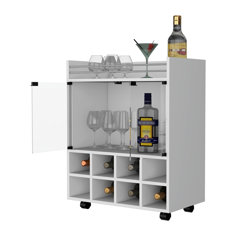 Pemberly Row Rolling Bar Cart with Bottle Rack in White Finish