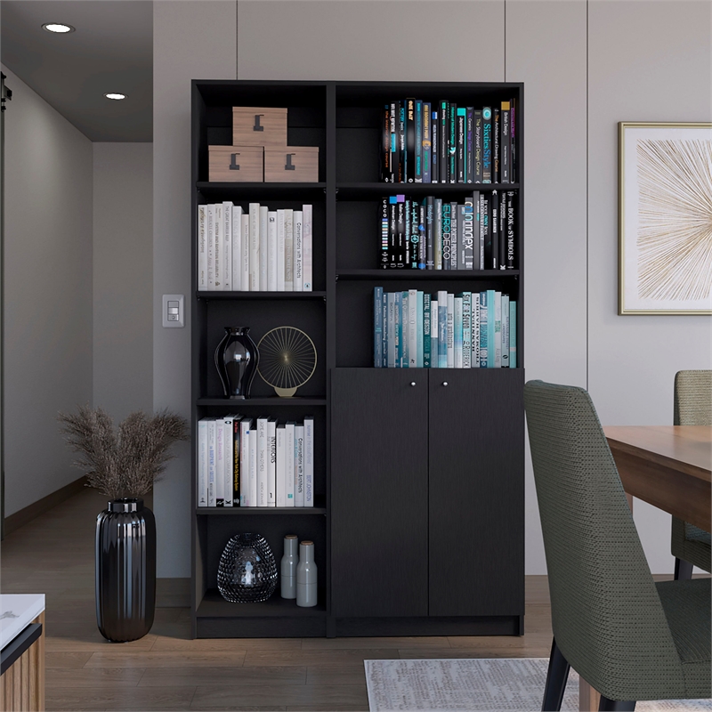 Pemberly Row Compact Black Bookcase Set with Slim and 2-Door Storage