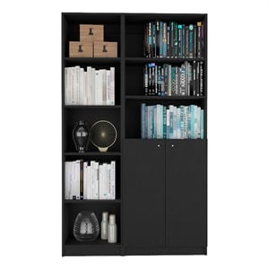 Pemberly Row Compact Black Bookcase Set with Slim and 2-Door Storage