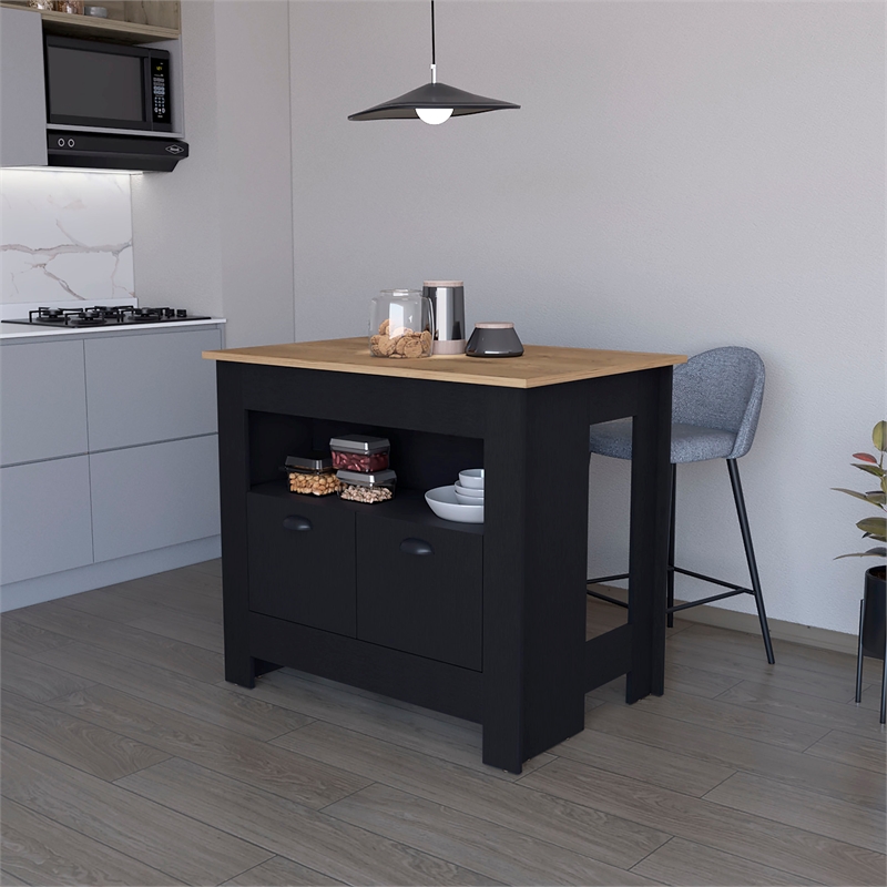 Pemberly Row Kitchen Island with 2 Doors and 3 Shelves in Black Wood