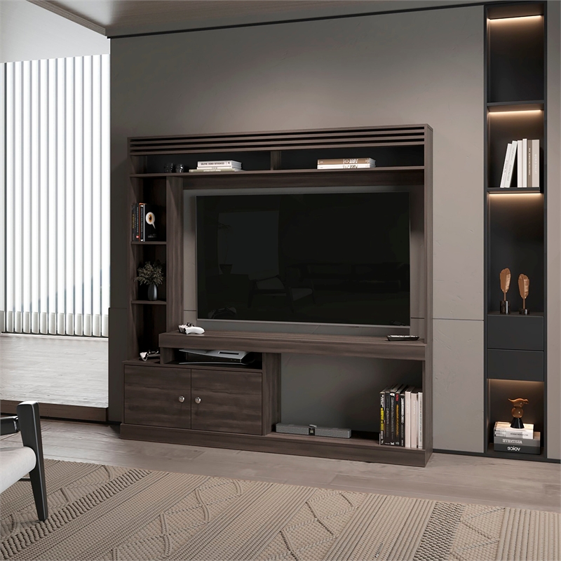 Pemberly Row Rock House Entertainment Center in Stained Walnut Finish