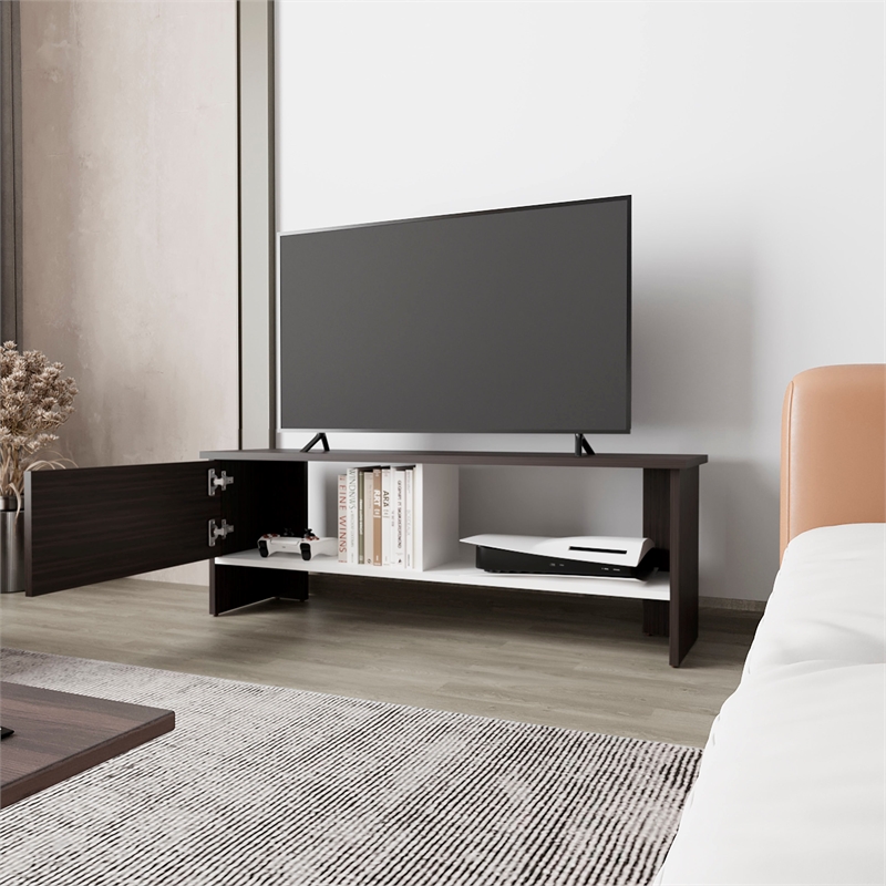 Pemberly Row Rock Point TV Stand with Storage in Walnut and White Finish