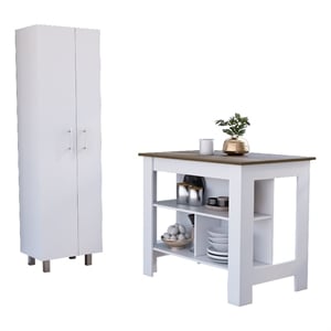 Pemberly Row 2-Piece Kitchen Island & Pantry Set in Engineered Wood White/Walnut