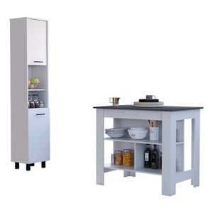 Pemberly Row 2-Piece Kitchen Island & Pantry Set in Engineered Wood White/Onyx