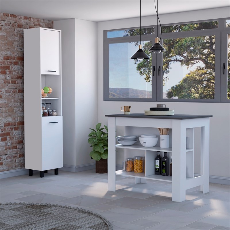 Pemberly Row 2-Piece Kitchen Island & Pantry Set in Engineered Wood White/Onyx