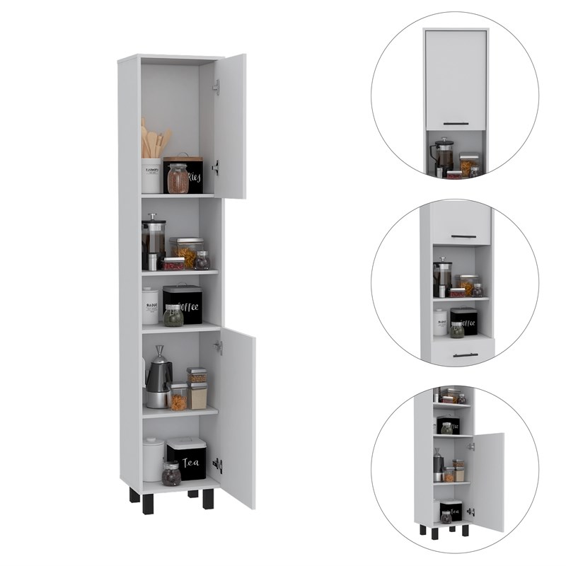 Pemberly Row 2-Piece Kitchen Island & Pantry Set in Engineered Wood White/Onyx