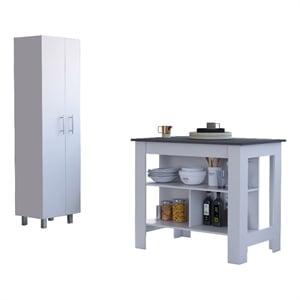 Pemberly Row 2-Piece Kitchen Island & Pantry Set in Engineered Wood White/Onyx