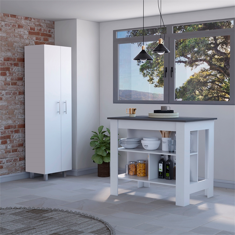 Pemberly Row 2-Piece Kitchen Island & Pantry Set in Engineered Wood White/Onyx