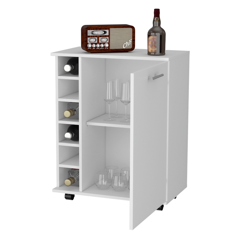Pemberly Row Rawlins Bar Cart with Bottle Rack in Engineered Wood White