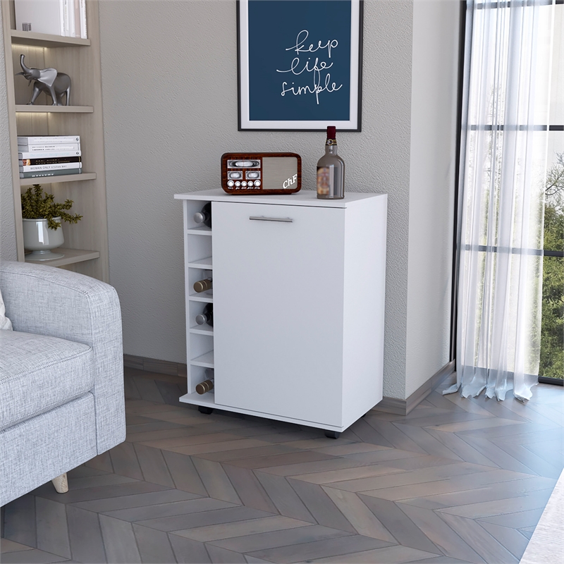 Pemberly Row Rawlins Bar Cart with Bottle Rack in Engineered Wood White