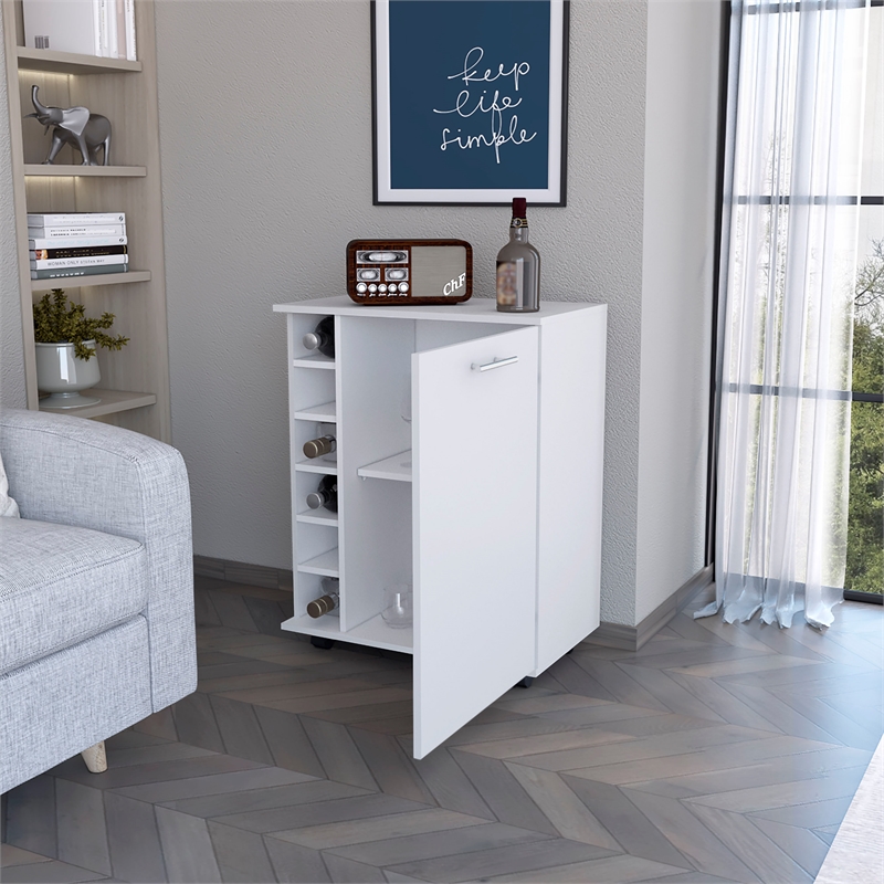 Pemberly Row Rawlins Bar Cart with Bottle Rack in Engineered Wood White