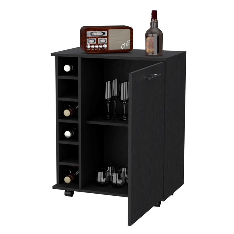 Pemberly Row Rawlins Bar Cart with Bottle Rack in Engineered Wood Black