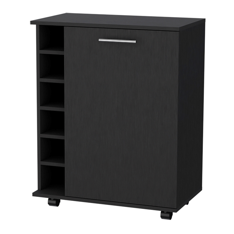 Pemberly Row Rawlins Bar Cart with Bottle Rack in Engineered Wood Black